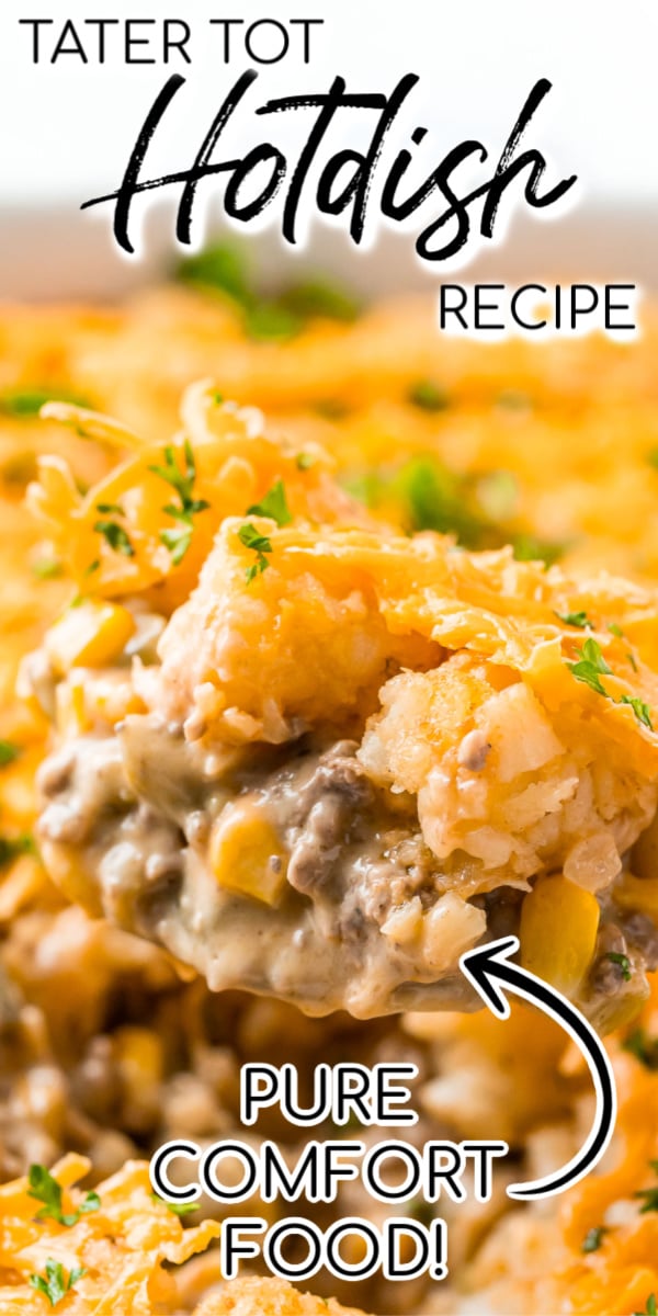 Tater Tot Hotdish is a delicious and easy casserole made with ground beef, veggies, Worcestershire sauce, cream of cheddar cheese soup, cream of mushroom soup, and spices for a family favorite meal! via @sugarandsoulco