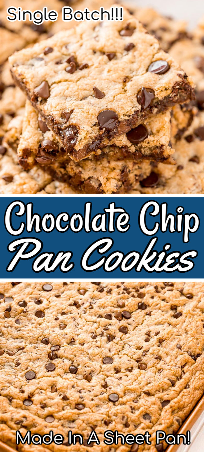 Skip the scooping and multiple batches and make Chocolate Chip Pan Cookies instead! They are tender, chewy, easy and perfect for a crowd! via @sugarandsoulco