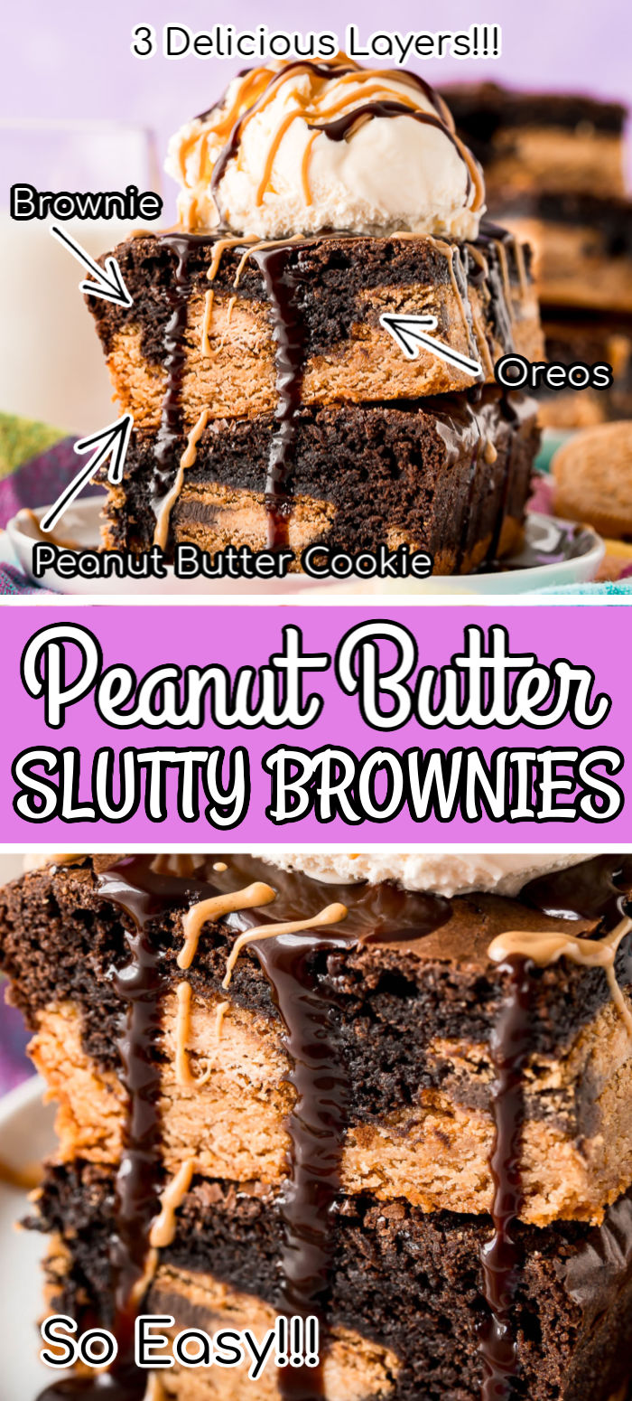 We love these Peanut Butter Slutty Brownies! They're made with layers of Peanut Butter Cookie, Oreos, and Fudge Brownies and are super easy to whip together! Less than an hour and you'll be sinking your teeth into this peanut butter and chocolate dessert! via @sugarandsoulco