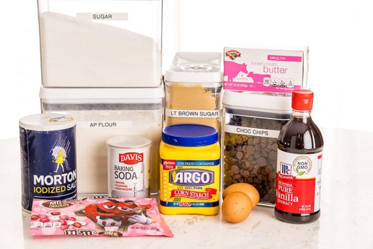 Ingredients to make Chocolate chip cookie bars on a table.