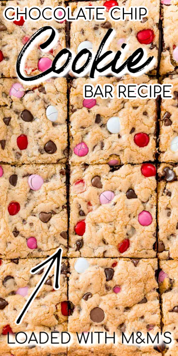 Do you love Chocolate Chip Cookies? Then you're going to LOVE these Chocolate Chip Cookie Bars! They're thick, sweet, chewy and loaded with chocolate chips and M&M's! Did I mention this great recipe is super easy to make and there's no cookie scoops and minimal bake time! via @sugarandsoulco