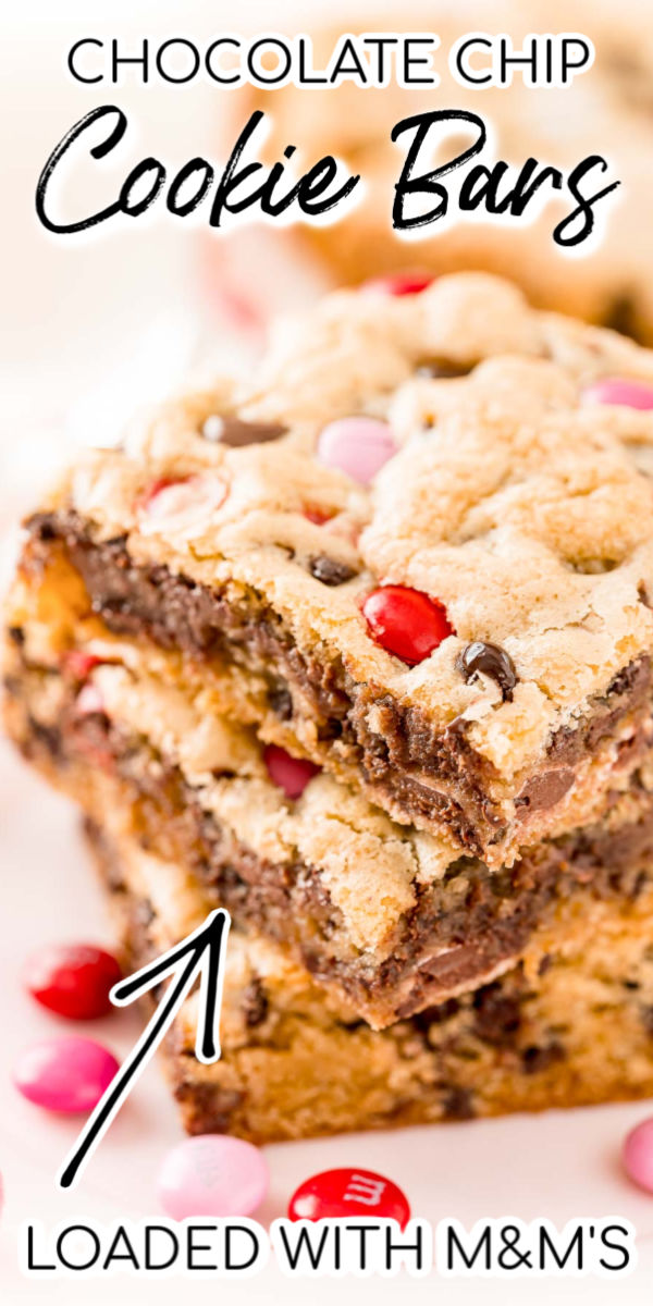 Do you love Chocolate Chip Cookies? Then you're going to LOVE these Chocolate Chip Cookie Bars! They're thick, sweet, chewy and loaded with chocolate chips and M&M's! Did I mention this great recipe is super easy to make and there's no cookie scoops and minimal bake time! via @sugarandsoulco