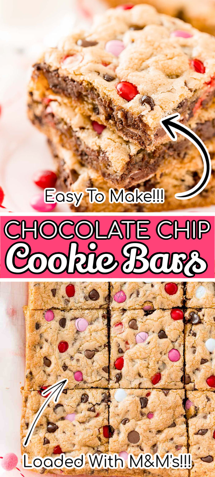 Do you love Chocolate Chip Cookies? Then you're going to LOVE these Chocolate Chip Cookie Bars! They're thick, sweet, chewy and loaded with chocolate chips and M&M's! Did I mention this great recipe is super easy to make and there's no cookie scoops and minimal bake time! via @sugarandsoulco