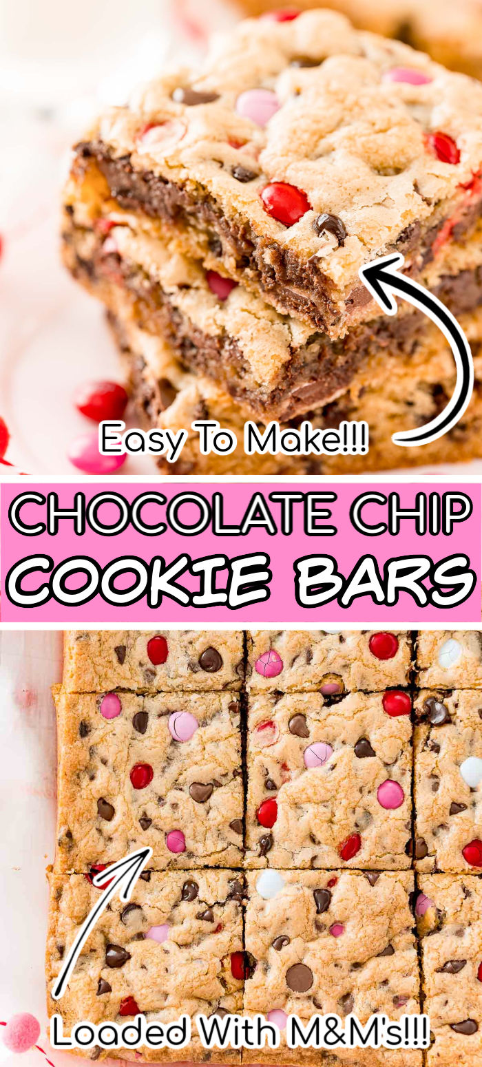 Do you love Chocolate Chip Cookies? Then you're going to LOVE these Chocolate Chip Cookie Bars! They're thick, sweet, chewy and loaded with chocolate chips and M&M's! Did I mention this great recipe is super easy to make and there's no cookie scoops and minimal bake time! via @sugarandsoulco