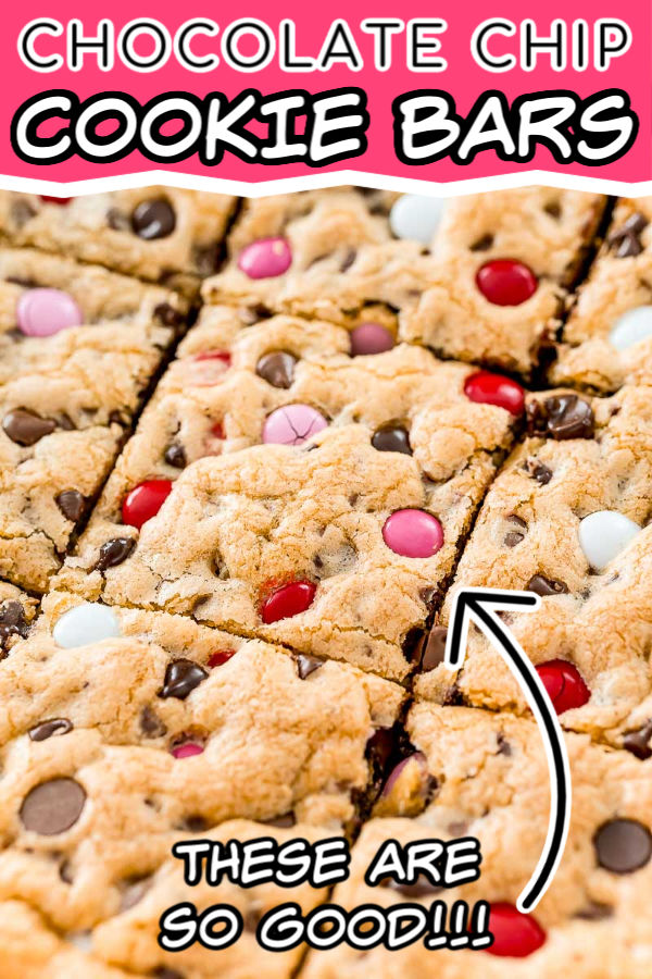 Do you love Chocolate Chip Cookies? Then you're going to LOVE these Chocolate Chip Cookie Bars! They're thick, sweet, chewy and loaded with chocolate chips and M&M's! Did I mention this great recipe is super easy to make and there's no cookie scoops and minimal bake time! via @sugarandsoulco