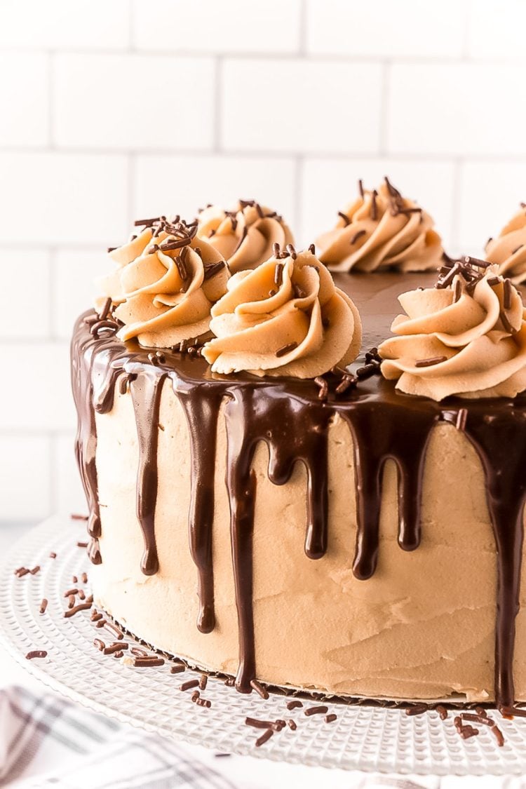 Close up photo of a layer cake with chocolate ganache dripping over the edge.