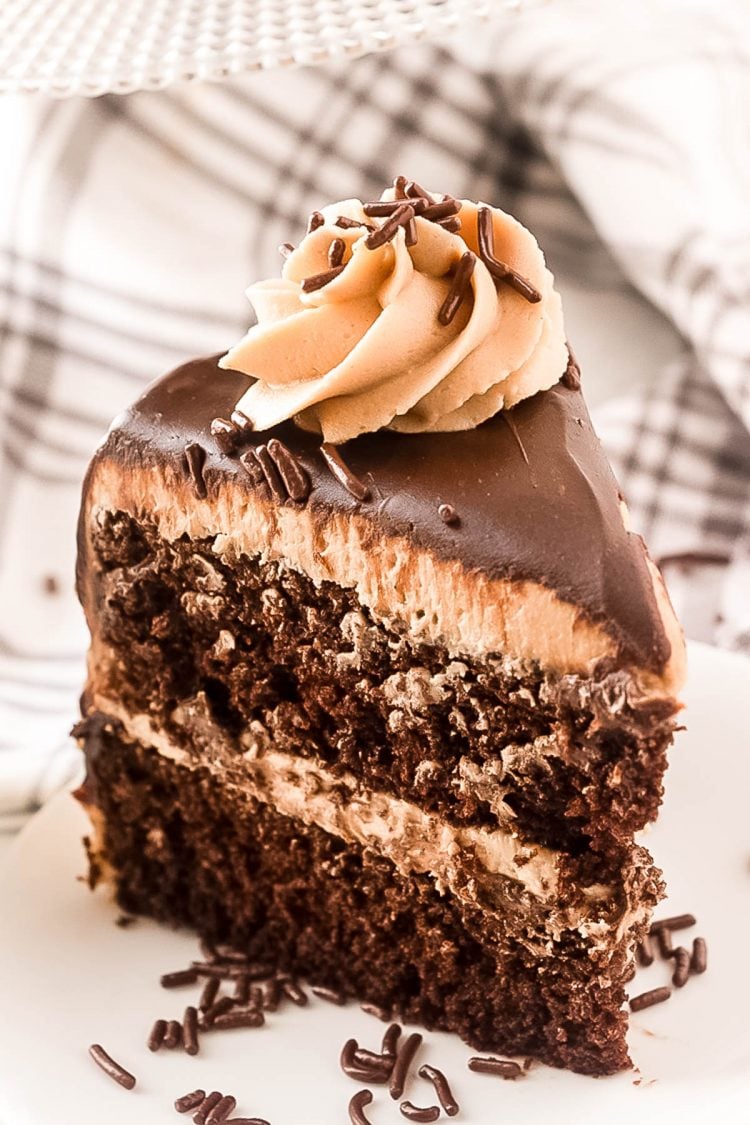 Slice of Chocolate Cookie Butter Cake on a white plate.