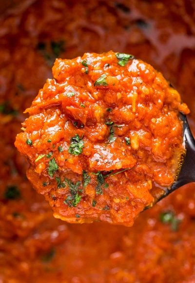 Close up photo of a ladle of marinara sauce.