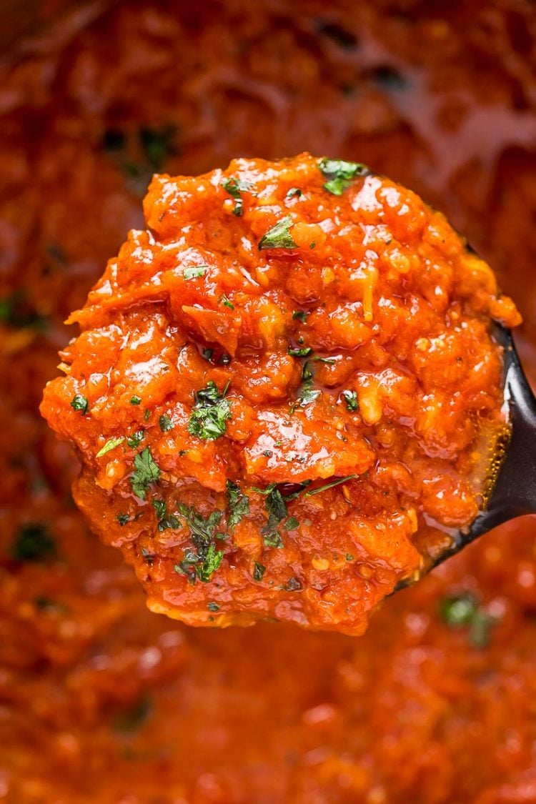 Close up photo of a ladle of marinara sauce.