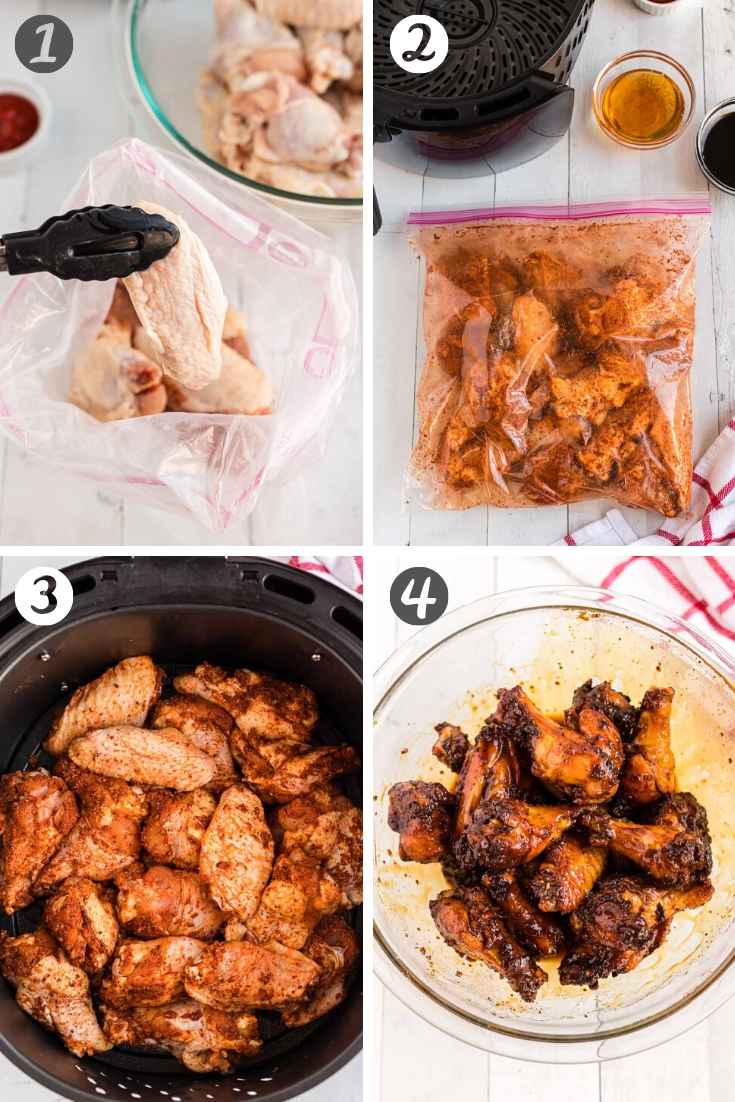 step-by-step photo collage showing how to make chicken wings in the air fryer.