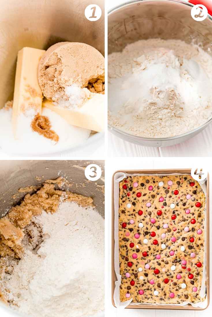 Step by step photo collage showing how to make chocolate chip cookie bars.