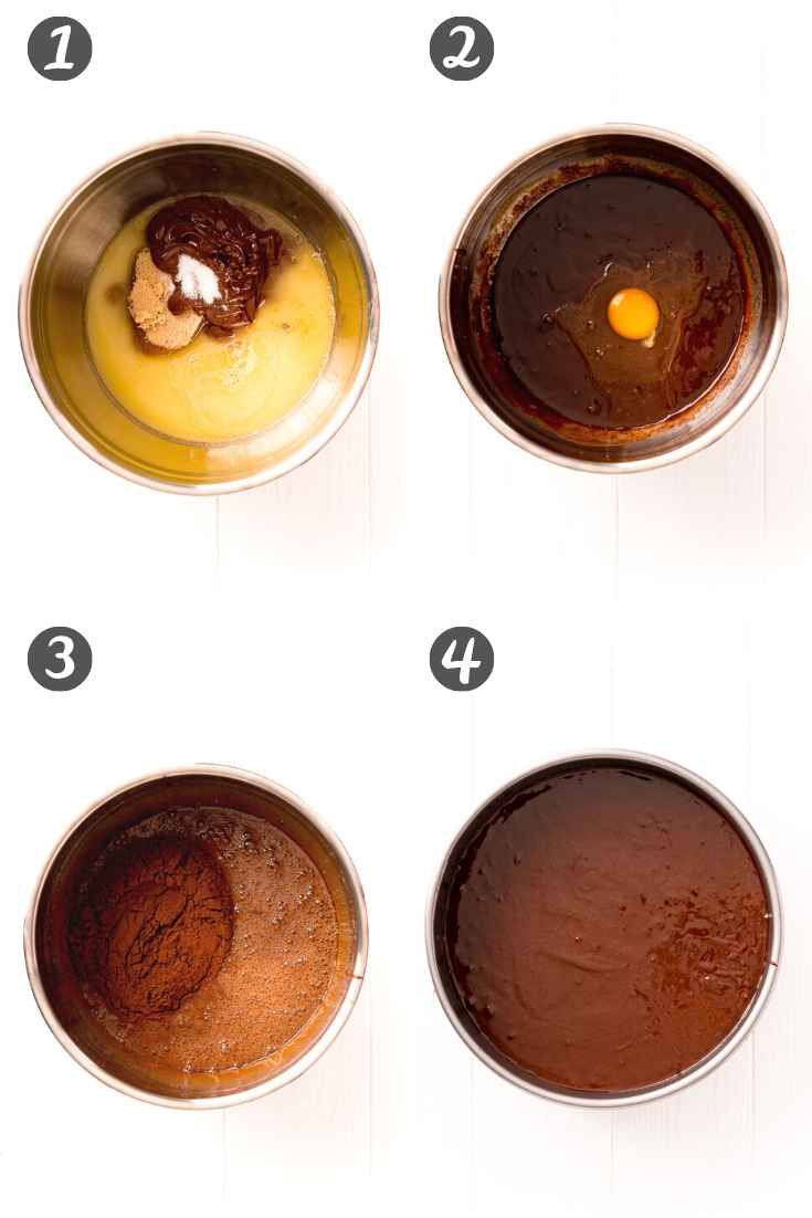 step by step photo collage showing how to make a flourless chocolate cake.