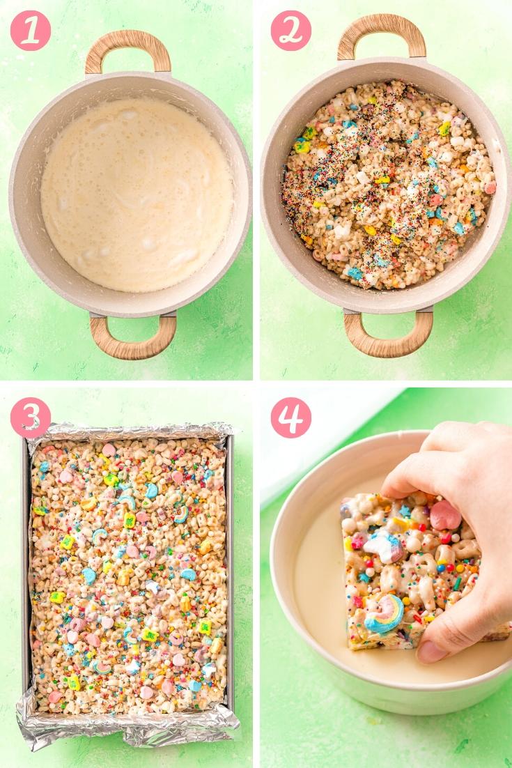 Step-by-step photo collage showing how to make lucky charms treats.