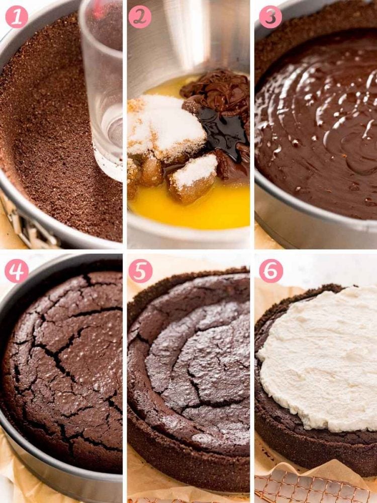 Step by step photo collage showing how to make Mississippi Mud Pie.