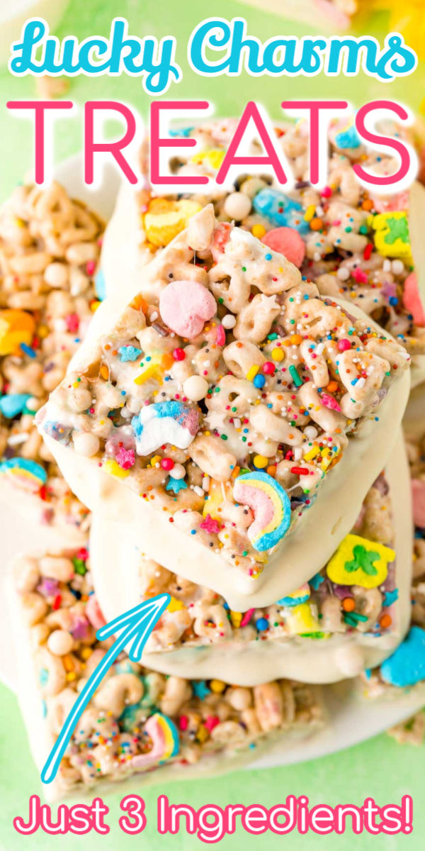 These Lucky Charms Treats are a fun and easy 3 ingredient dessert that requires ZERO baking! Dip them in white chocolate and top them with sprinkles for an extra fun treat! via @sugarandsoulco