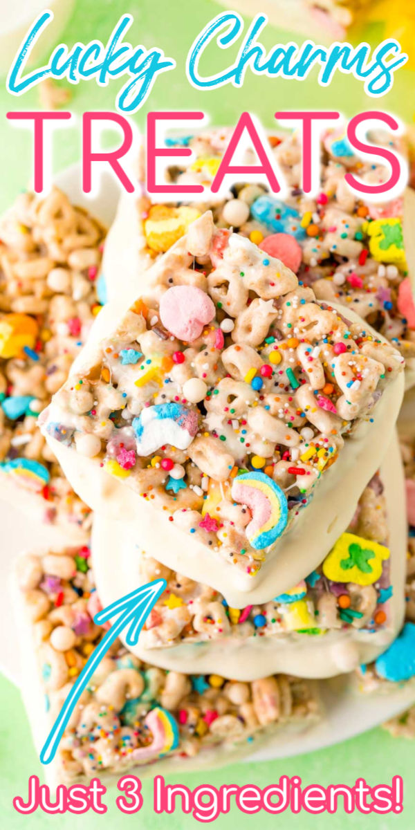 These Lucky Charms Treats are a fun and easy 3 ingredient dessert that requires ZERO baking! Dip them in white chocolate and top them with sprinkles for an extra fun treat! via @sugarandsoulco