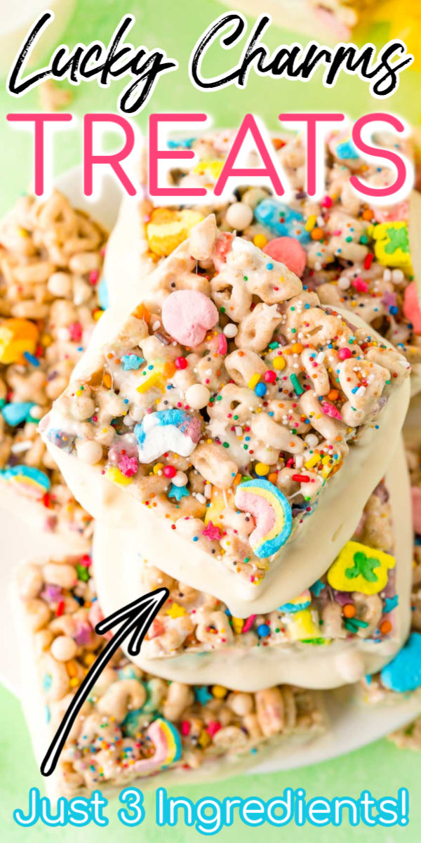 These Lucky Charms Treats are a fun and easy 3 ingredient dessert that requires ZERO baking! Dip them in white chocolate and top them with sprinkles for an extra fun treat! via @sugarandsoulco