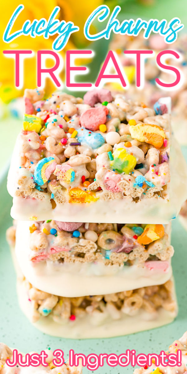 These Lucky Charms Treats are a fun and easy 3 ingredient dessert that requires ZERO baking! Dip them in white chocolate and top them with sprinkles for an extra fun treat! via @sugarandsoulco