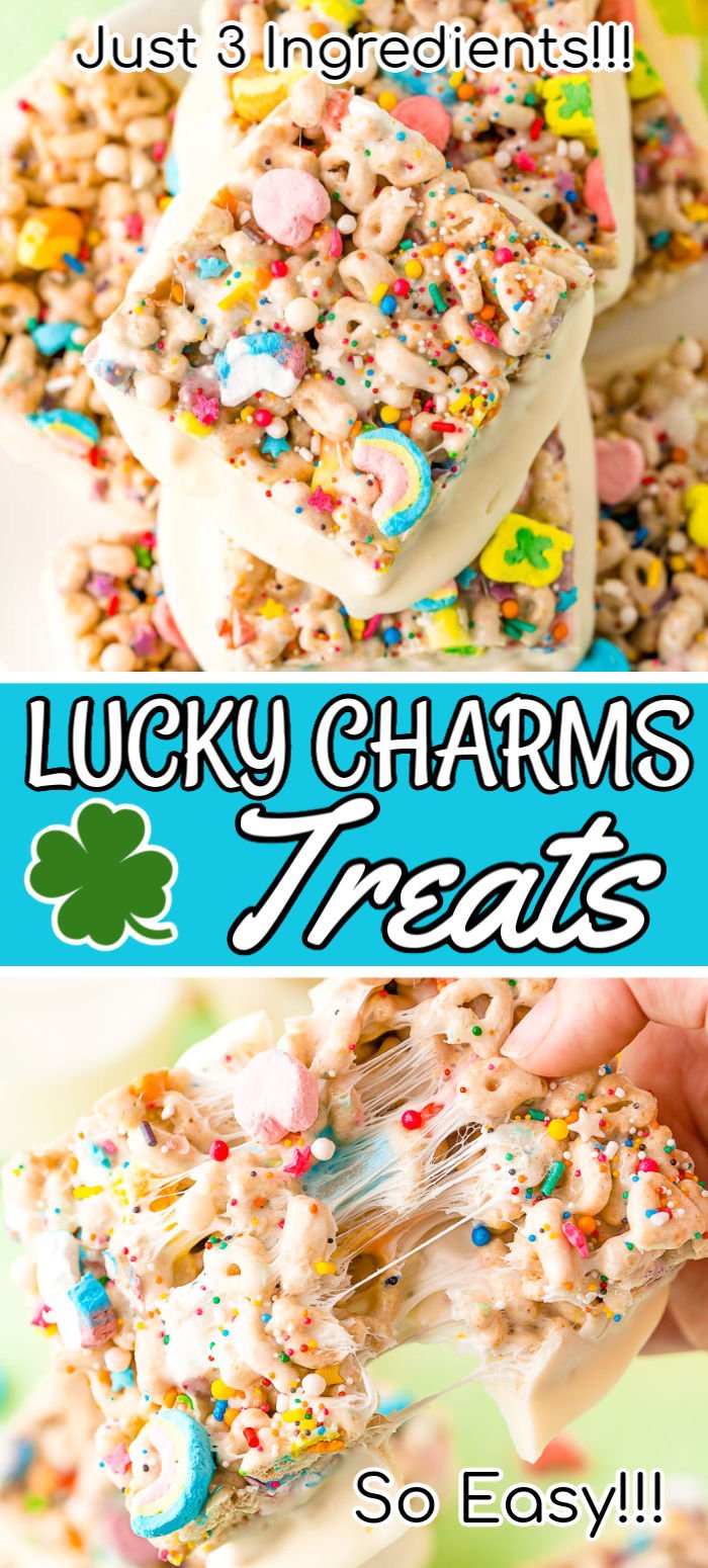 These Lucky Charms Treats are a fun and easy 3 ingredient dessert that requires ZERO baking! Dip them in white chocolate and top them with sprinkles for an extra fun treat! via @sugarandsoulco