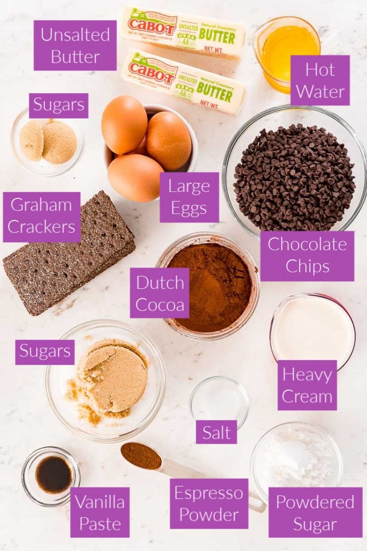 Photo with text overlay showing the ingredients for Mississippi mud pie.