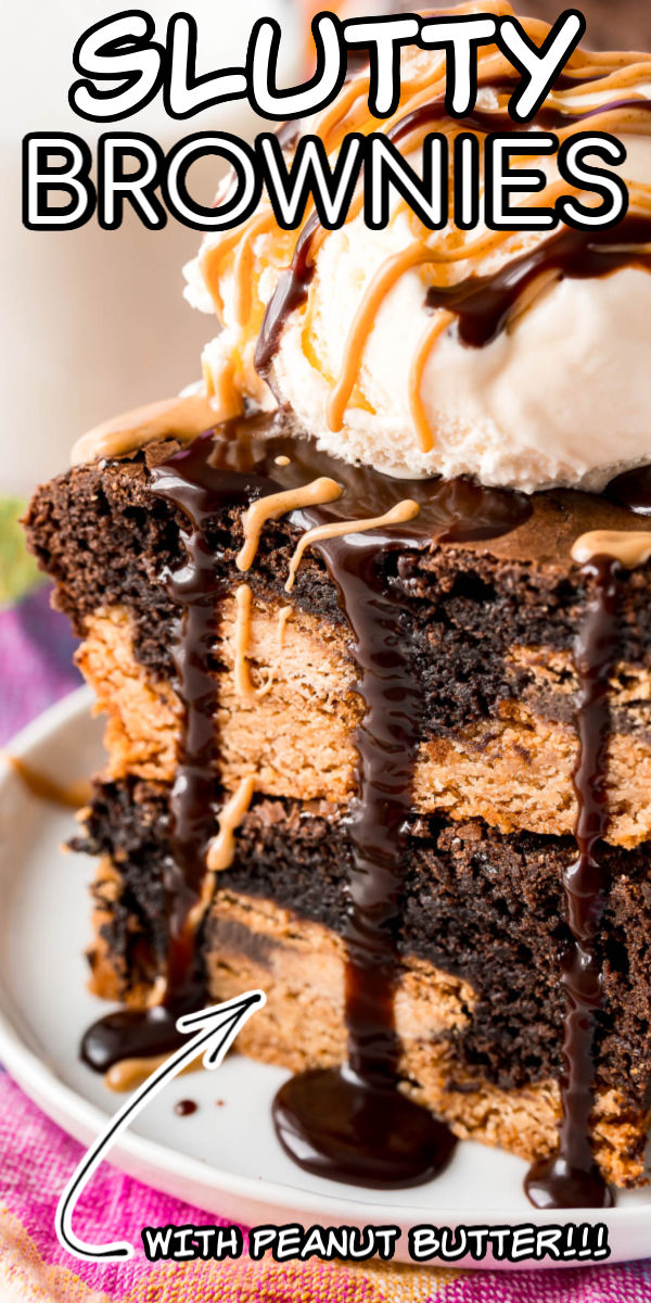 We love these Peanut Butter Slutty Brownies! They're made with layers of Peanut Butter Cookie, Oreos, and Fudge Brownies and are super easy to whip together! Less than an hour and you'll be sinking your teeth into this peanut butter and chocolate dessert! via @sugarandsoulco