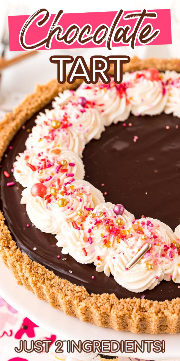 You only need 5 ingredients to make this rich Chocolate Tart — no baking required! Made with a graham cracker crust and ganache filling then topped with whipped cream, it’s totally irresistible. via @sugarandsoulco