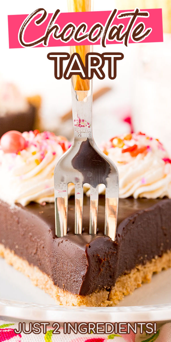 You only need 5 ingredients to make this rich Chocolate Tart — no baking required! Made with a graham cracker crust and ganache filling then topped with whipped cream, it’s totally irresistible. via @sugarandsoulco