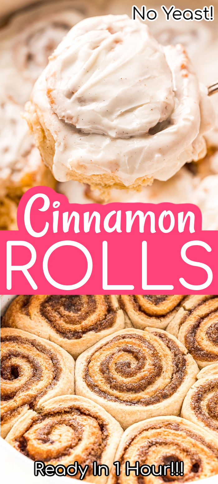 This Easy Cinnamon Rolls recipe is made without yeast and rising and is ready in less than 1 hour! If you want swirls of delicious sugar and cinnamon goodness wrapped in a soft dough without the hassle of proofing, this recipe is for you!  via @sugarandsoulco