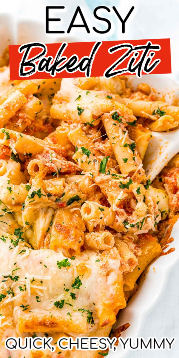 Baked Ziti is a deliciously comforting dish made with melty mozzarella, creamy ricotta, zesty marinara, and tender ziti noodles. It’s easy to make in about 35 minutes — just toss everything together, bake, and enjoy!  via @sugarandsoulco