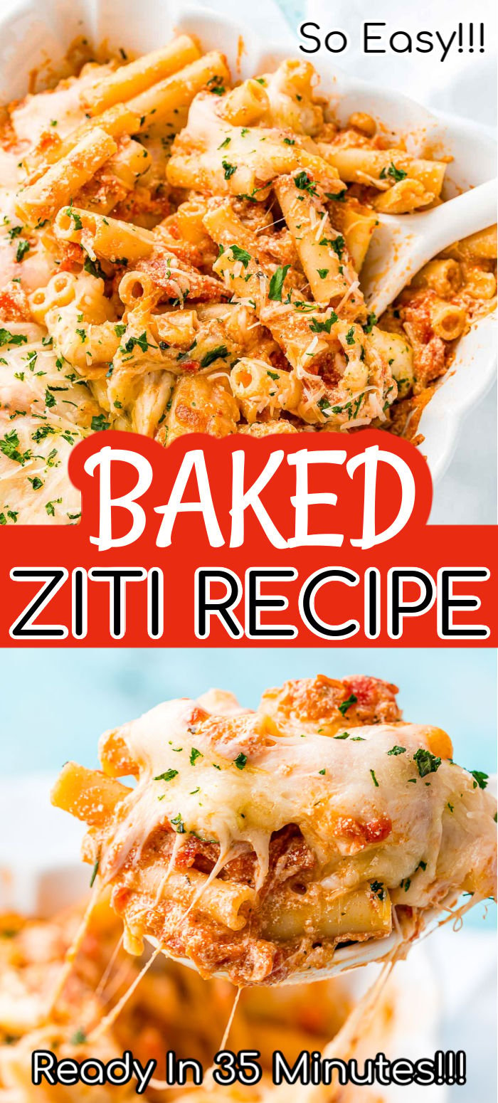 Baked Ziti is a deliciously comforting dish made with melty mozzarella, creamy ricotta, zesty marinara, and tender ziti noodles. It’s easy to make in about 35 minutes — just toss everything together, bake, and enjoy!  via @sugarandsoulco