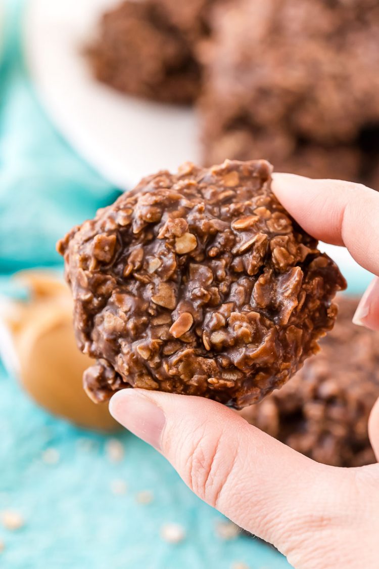 Woman's hand holding a no bake cookie.