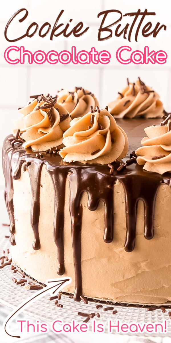 Cookie Butter Cake is made with a dense chocolate cake layered with cookie butter frosting and a rich chocolate ganache. If you love Peanut Butter and Chocolate Cake then this cookie butter version is going to blow you away! via @sugarandsoulco