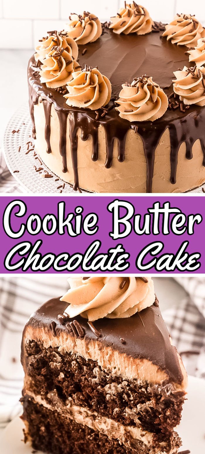Cookie Butter Cake is made with a dense chocolate cake layered with cookie butter frosting and a rich chocolate ganache. If you love Peanut Butter and Chocolate Cake then this cookie butter version is going to blow you away! via @sugarandsoulco