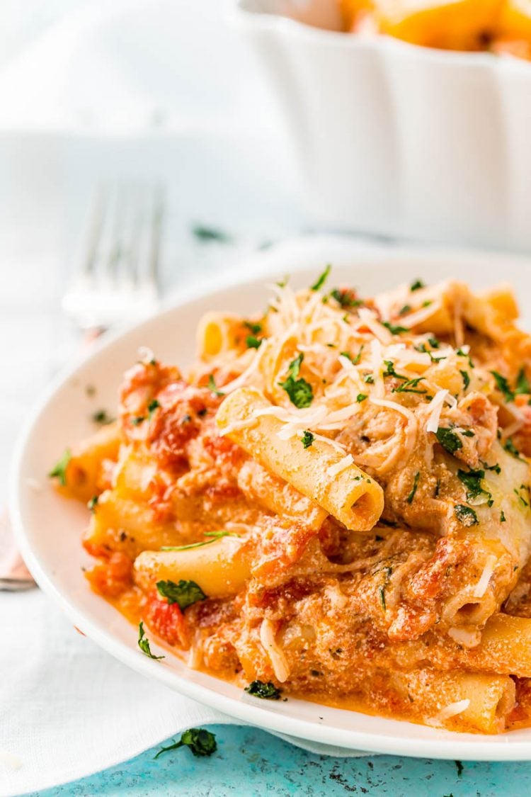 Baked Ziti served on a white plate.