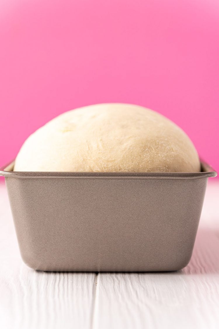 Bread dough that has risen in the loaf pan and is ready to bake.