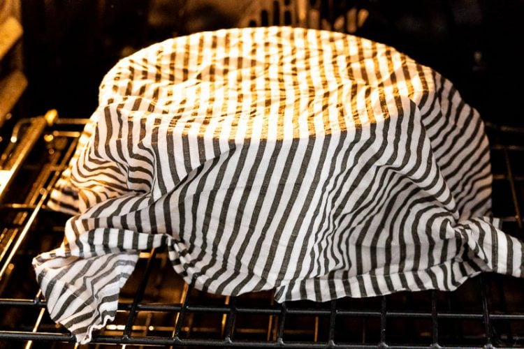 Bowl of bread dough covered with a damp cloth in the oven to proof.