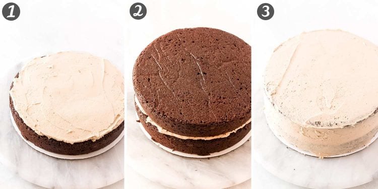 step-by-step photo collage showing how to assemble a cookie butter layer cake.