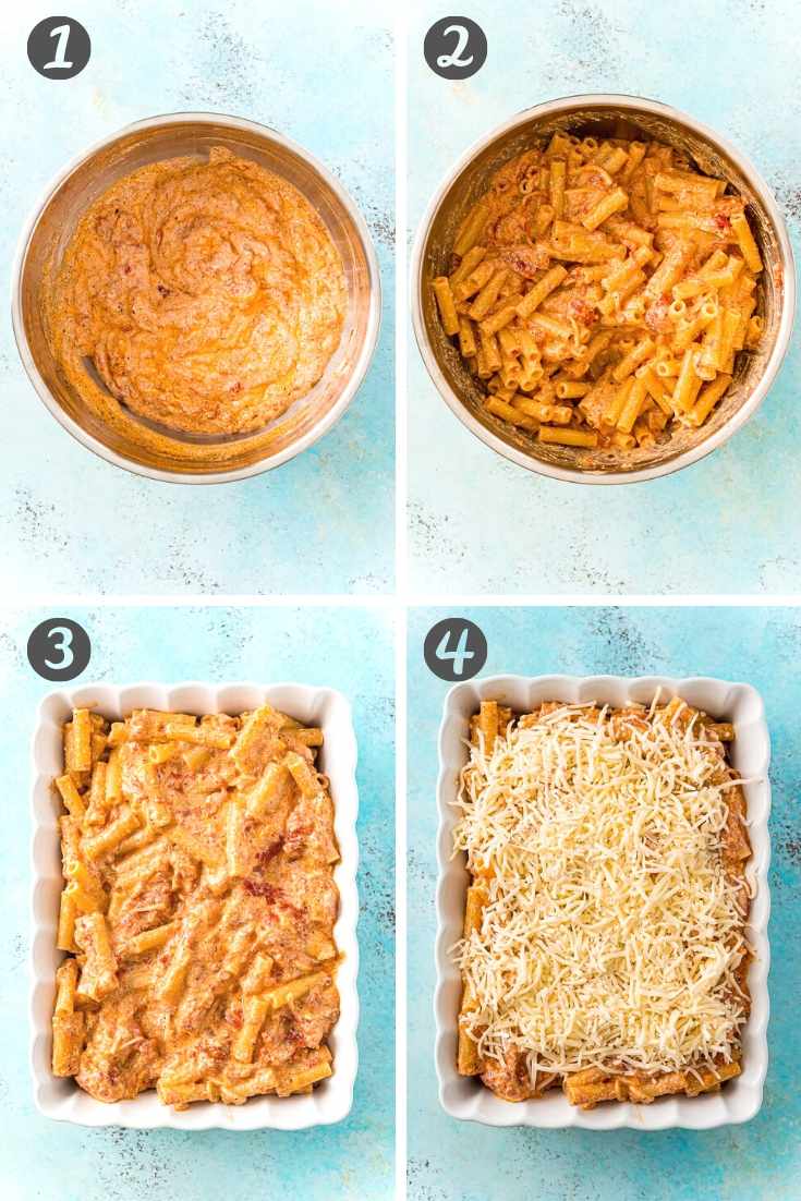 step-by-step photo collage showing how to make baked ziti.