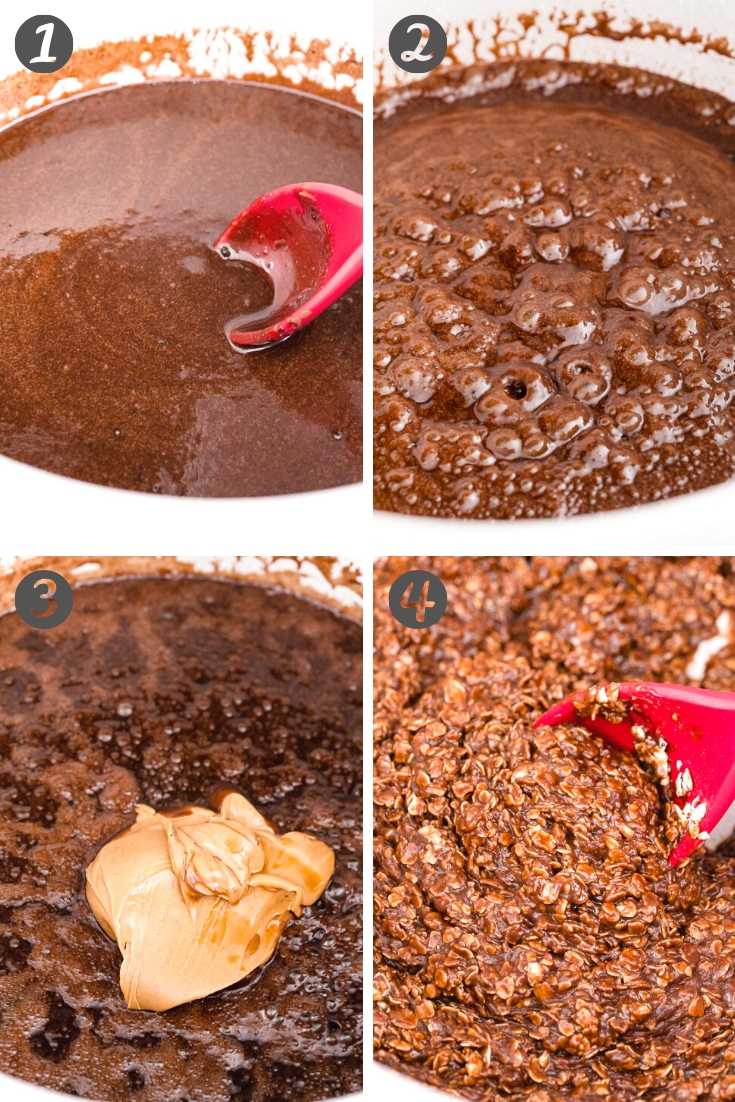 Step-by-step photo collage showing how to make chocolate no bake cookies with oatmeal.