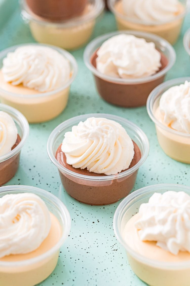 Pudding shots topped with whipped cream on a light blue cookie sheet.