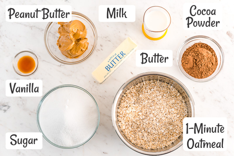 overhead photo of ingredients prepped to make no bake cookies on a marble table.