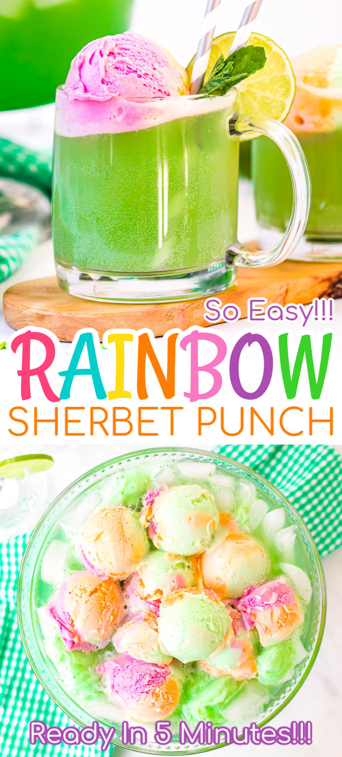 Rainbow Sherbet Punch is an easy 5-minute recipe perfect for parties! It's made with sparkling grape juice, lemon-lime soda, and lots of sherbet for a sweet party drink! via @sugarandsoulco