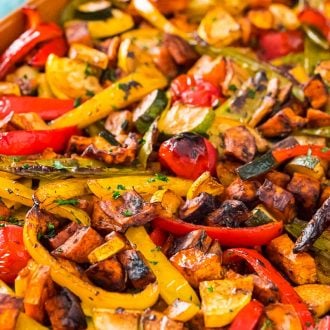 Roasted vegetables on a sheet pan.