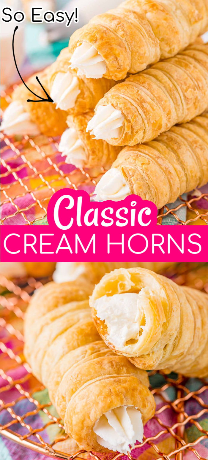 This easy Cream Horns recipe is made with puff pastry that's wrapped and baked until golden a flaky and filled with a sweet and fluffy cream filling!  via @sugarandsoulco