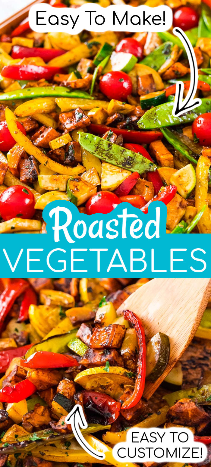 Roasted Vegetables are a great way to get the family to eat their veggies! Made with a medley of fresh produce, this easy side dish is extra flavorful thanks to a homemade herb-infused dressing.  via @sugarandsoulco