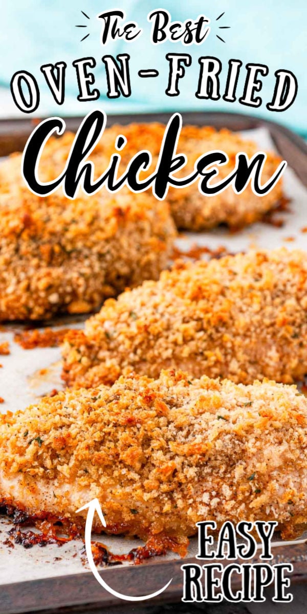 Oven Fried Chicken Breast is the healthier version of a comfort food favorite! Made with chicken breasts dredged in a spiced breadcrumb mixture, this easy recipe is light on fat but big on flavor!  via @sugarandsoulco