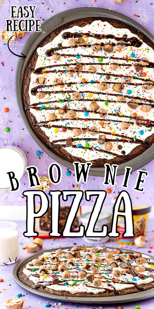 Brownie Dessert Pizza is a fun recipe everyone will enjoy! A “crust” of brownie is topped with a layer of Cream Cheese Whipped Cream, then finished with edible cookie dough, candy, and a drizzle of chocolate syrup! via @sugarandsoulco