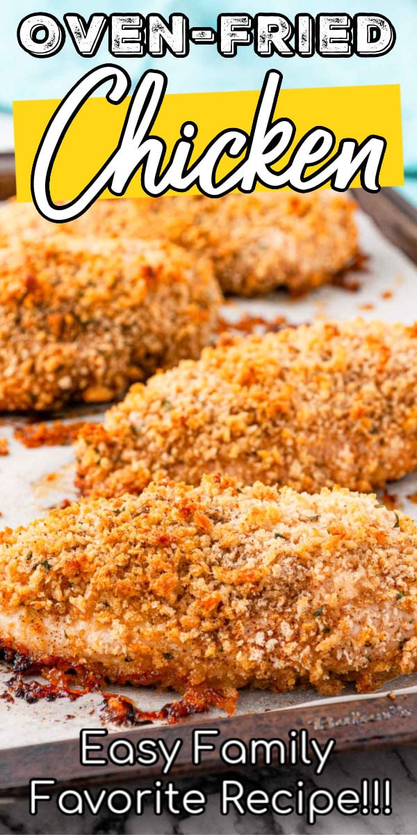 Oven Fried Chicken Breast is the healthier version of a comfort food favorite! Made with chicken breasts dredged in a spiced breadcrumb mixture, this easy recipe is light on fat but big on flavor!  via @sugarandsoulco