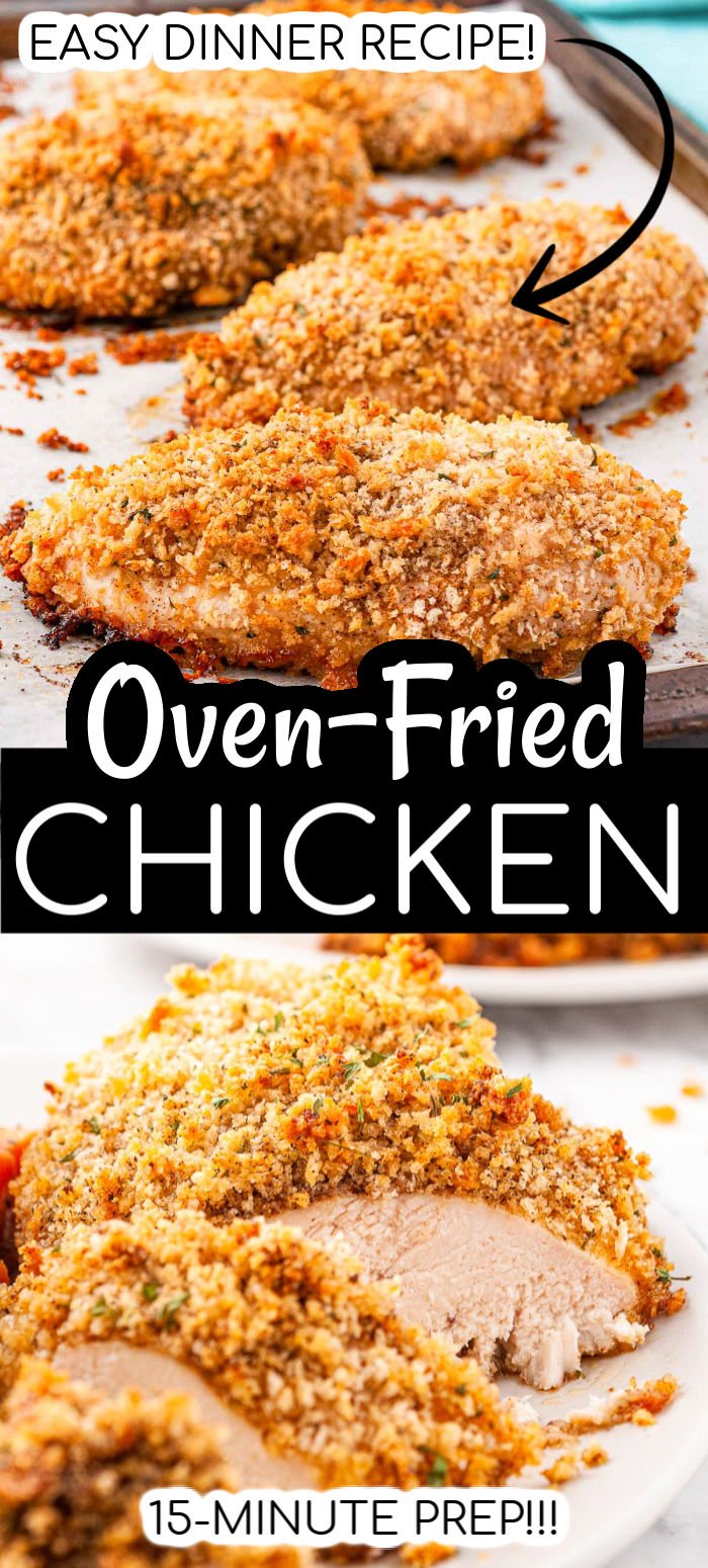 Oven Fried Chicken Breast is the healthier version of a comfort food favorite! Made with chicken breasts dredged in a spiced breadcrumb mixture, this easy recipe is light on fat but big on flavor!  via @sugarandsoulco