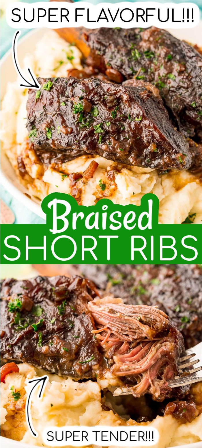 These Braised Beef Short Ribs are so tender and flavorful! There's nothing better than a rich and delicious beef dish that falls off the bone! Made in a Dutch oven, it is pure comfort food heaven! via @sugarandsoulco